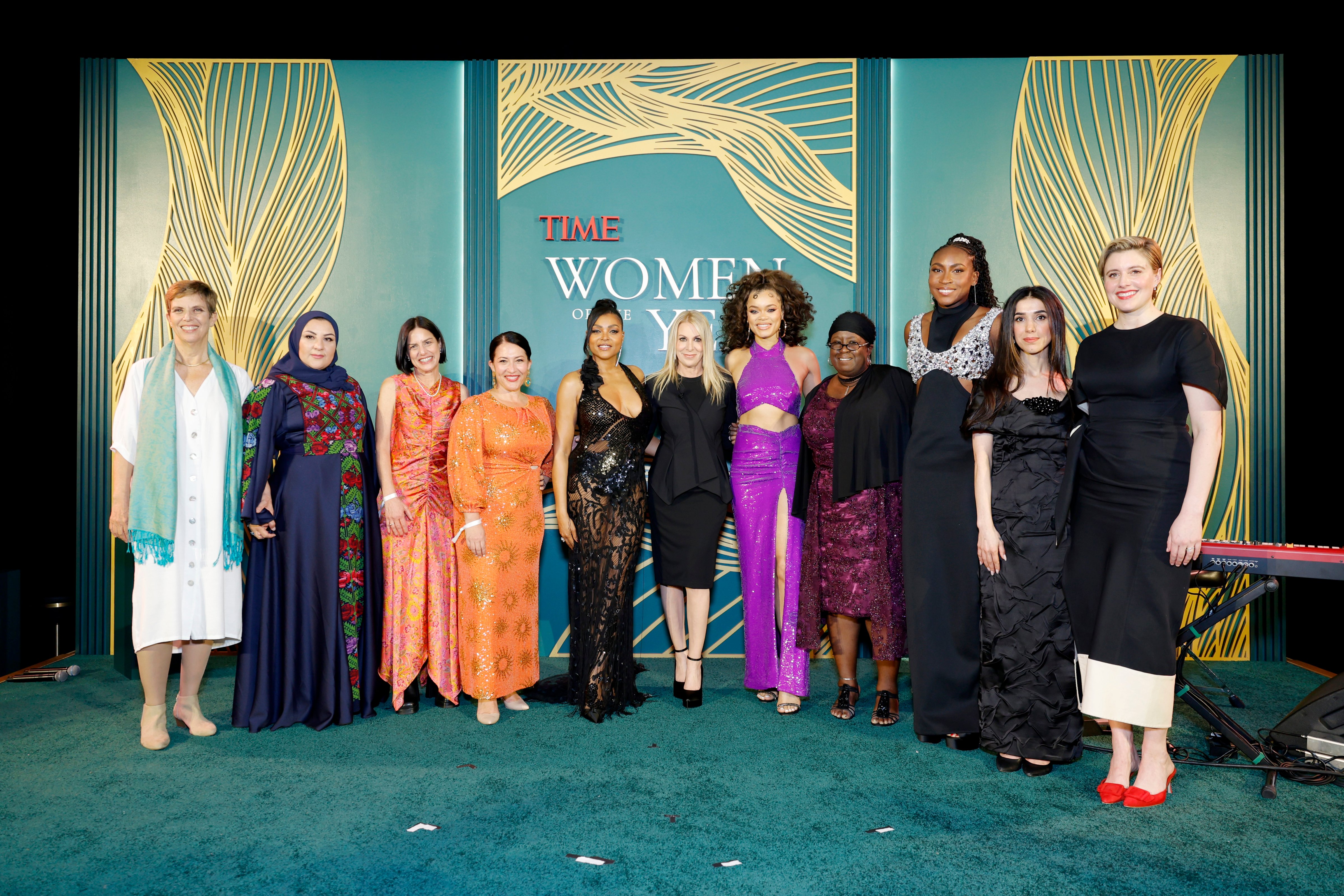 Yael Admi, Reem Hajajreh, Marlena Fejzo, Ada Limón, Taraji P. Henson, Jessica Sibley, Andra Day, Jacqueline Patterson, Coco Gauff, Nadia Murad, and Greta Gerwig attend TIME Women of the Year 2024 in West Hollywood on March 5. (Stefanie Keenan—Getty Images for TIME)
