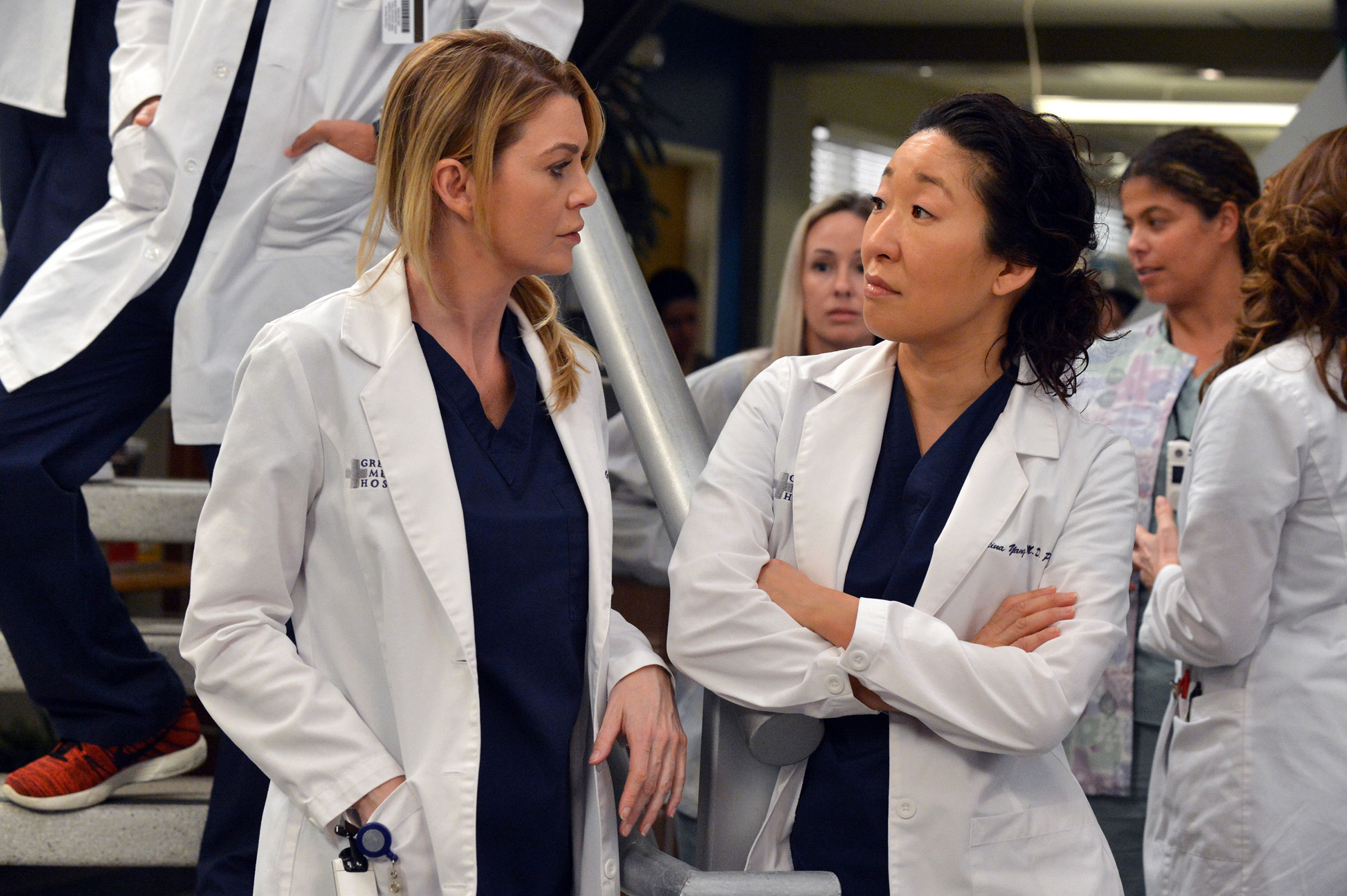 Ellen Pompeo as Meredith Grey and Sandra Oh as Cristina Yang