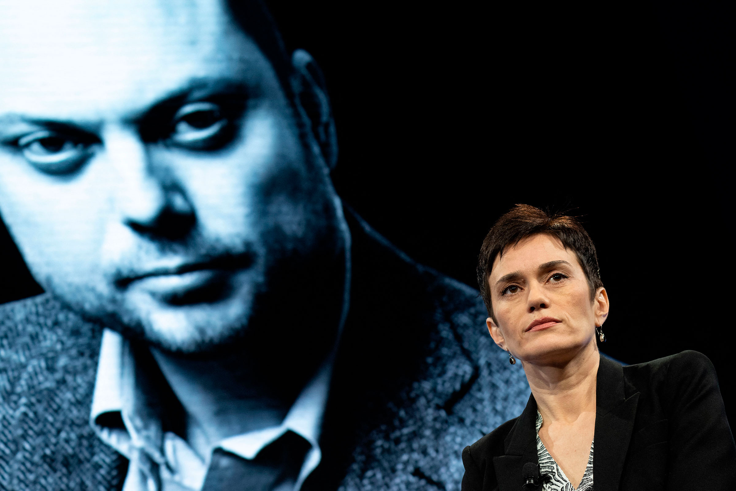 Evgenia Kara-Murza, wife of imprisoned political activist in Russia, Vladimir Kara-Murza, looks on during a discussion at the Washington Post in Washington, on April 17, 2023.