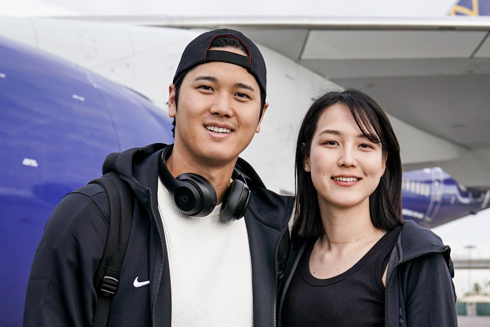 Shohei Ohtani and his wife Mamiko Tanaka in a photo posted on the Los Angeles Dodgers' X account.
