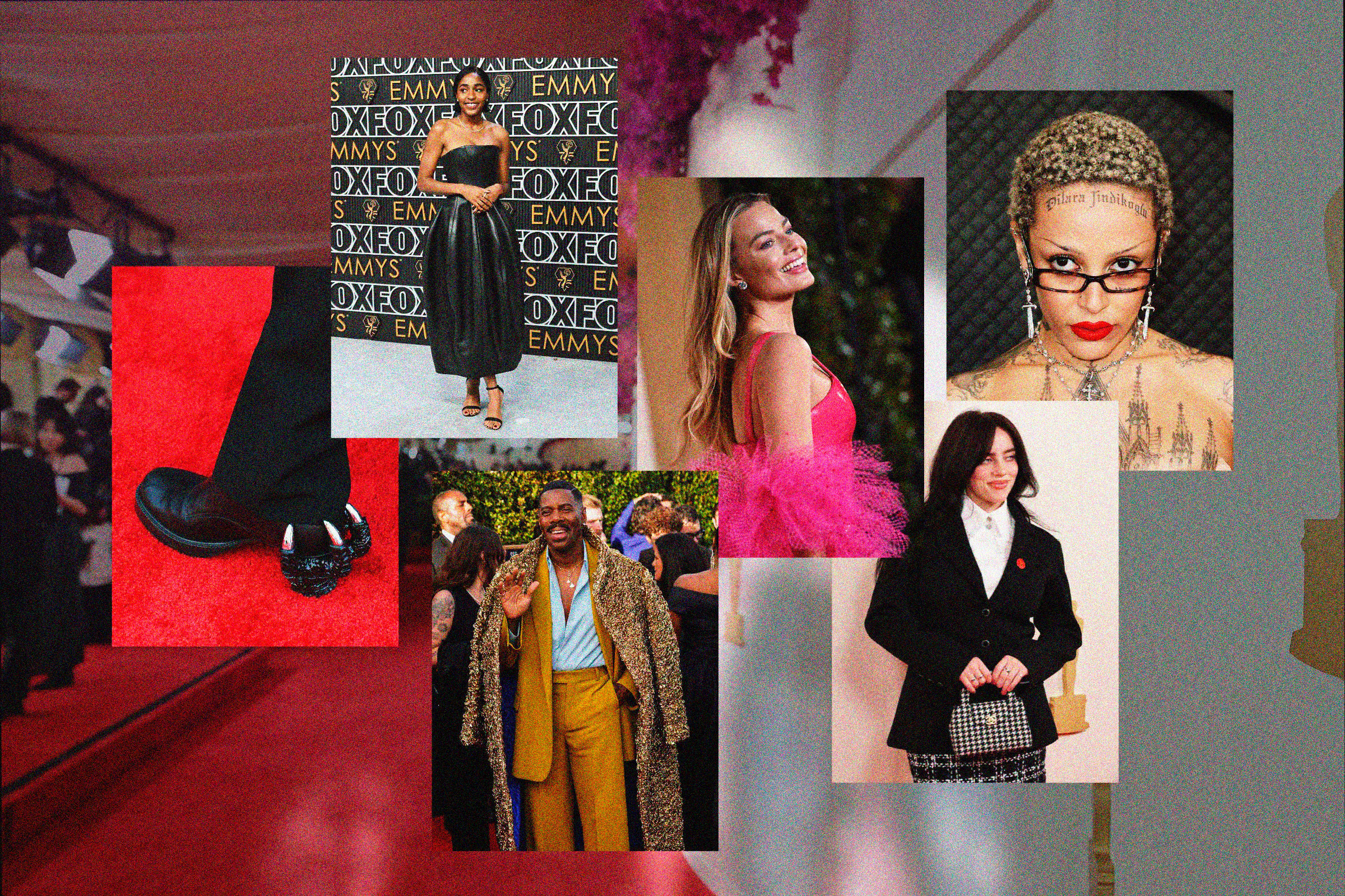 A collage of images of different celebrities dressed up for different awards shows