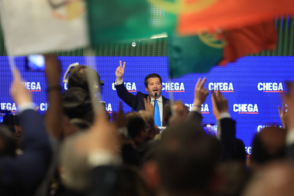 "Chega" leader Andre Ventura addresses supporters at Marriot Hotel, where the party holds the election night event, in Lisbon on March 10, 2024.