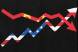 A graph arrow going down with the Chinese flag in it and a graph arrow going up with the american flag in it
