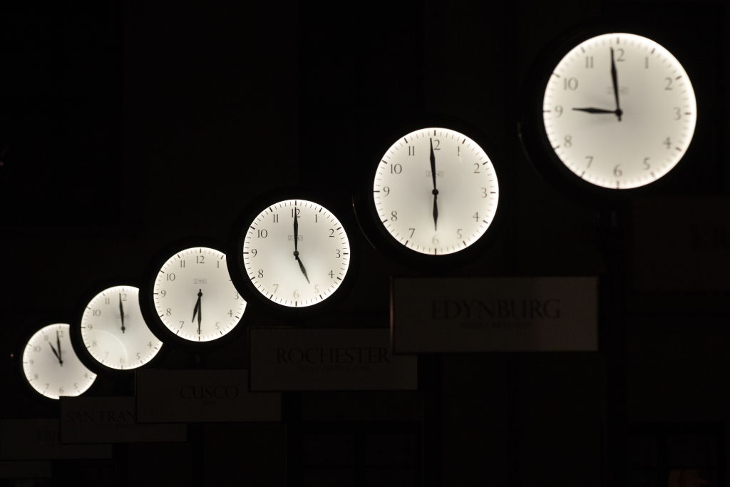 Clocks seen on the revitalized Holy Spirit Square in Krakow