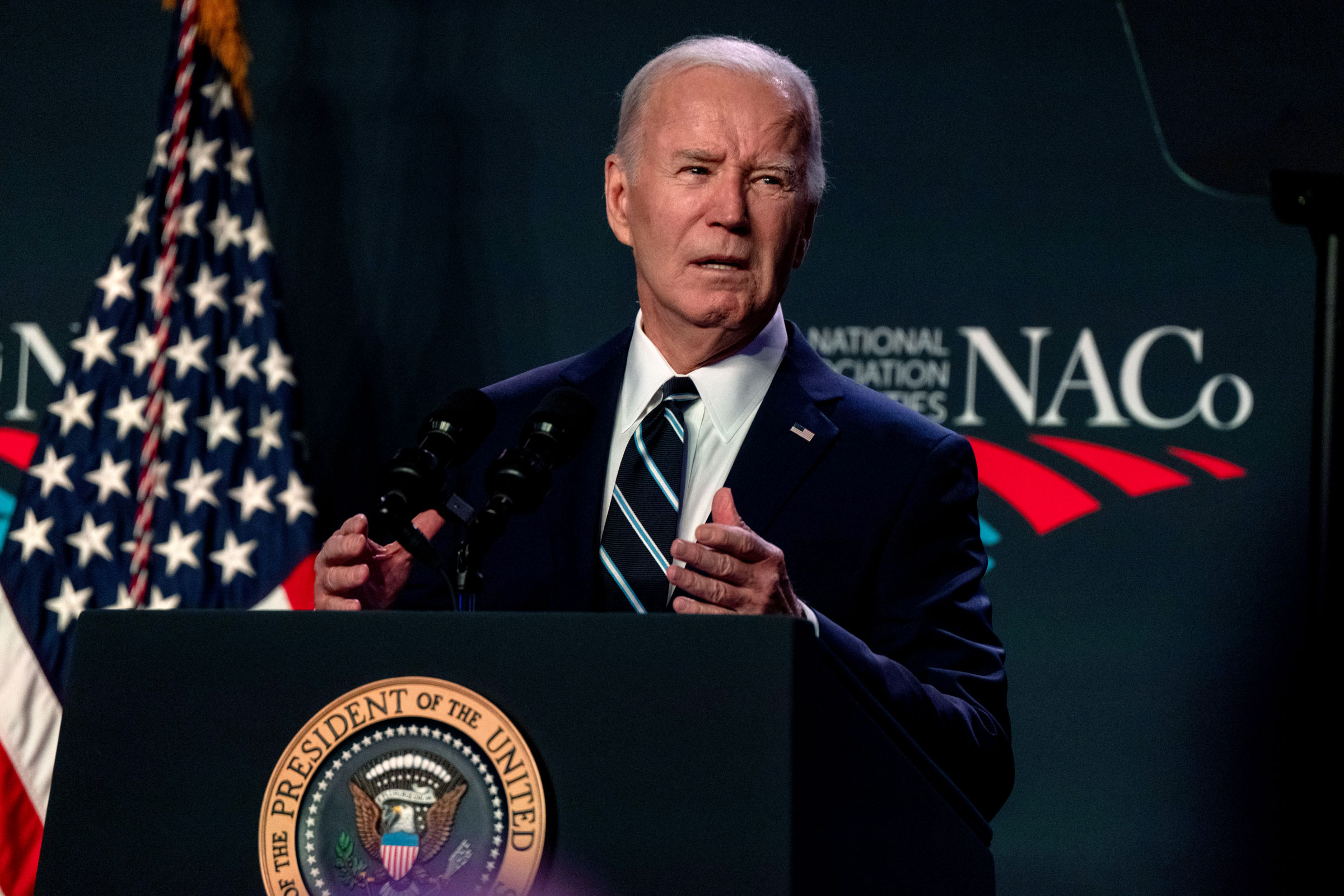 U.S. President Joe Biden speaks during the National Association of Counties legislative conference in Washington, D.C., on Feb. 12, 2024.