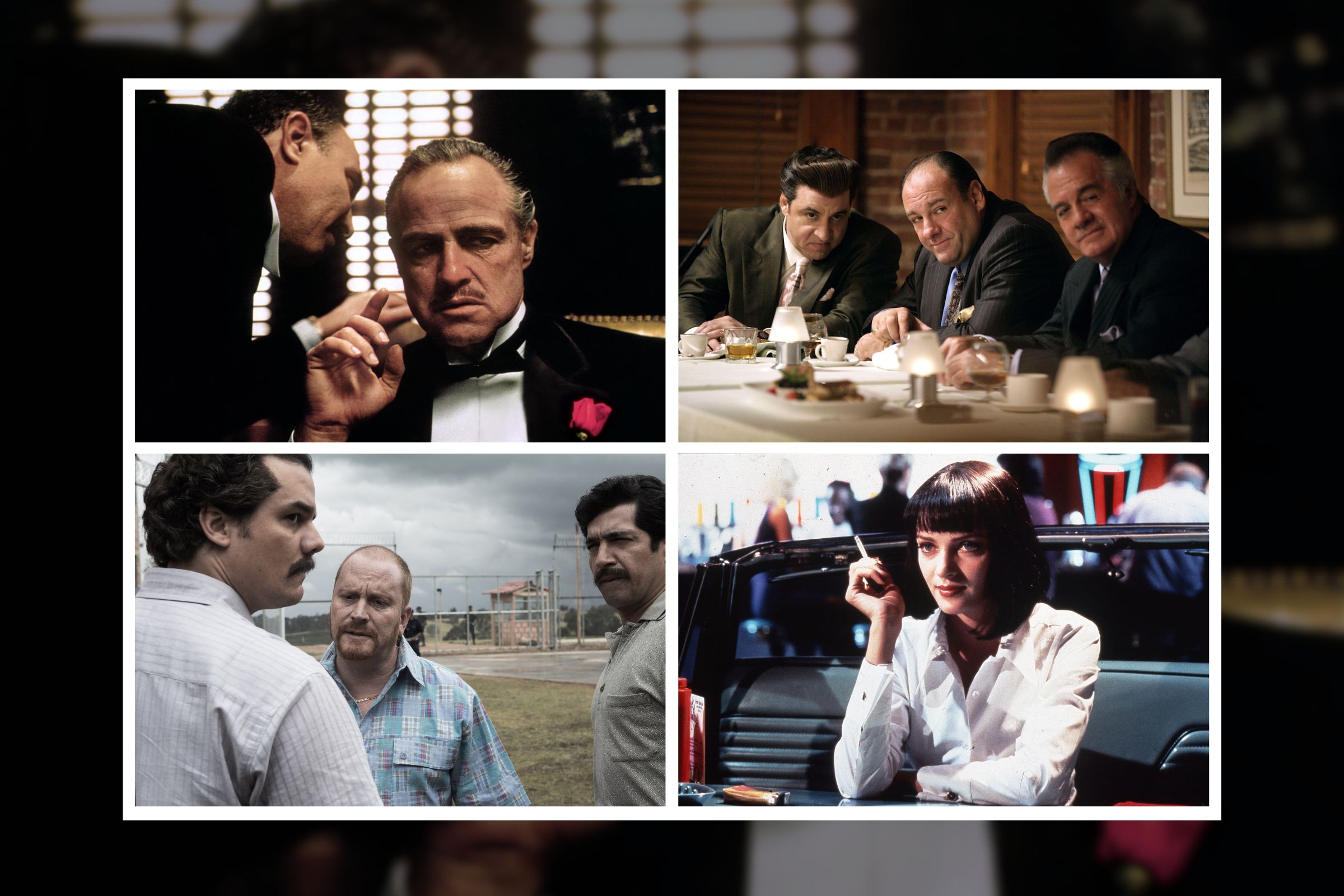 clockwise, stills from The Godfather, The Sopranos, Pulp Fiction, and Narcos