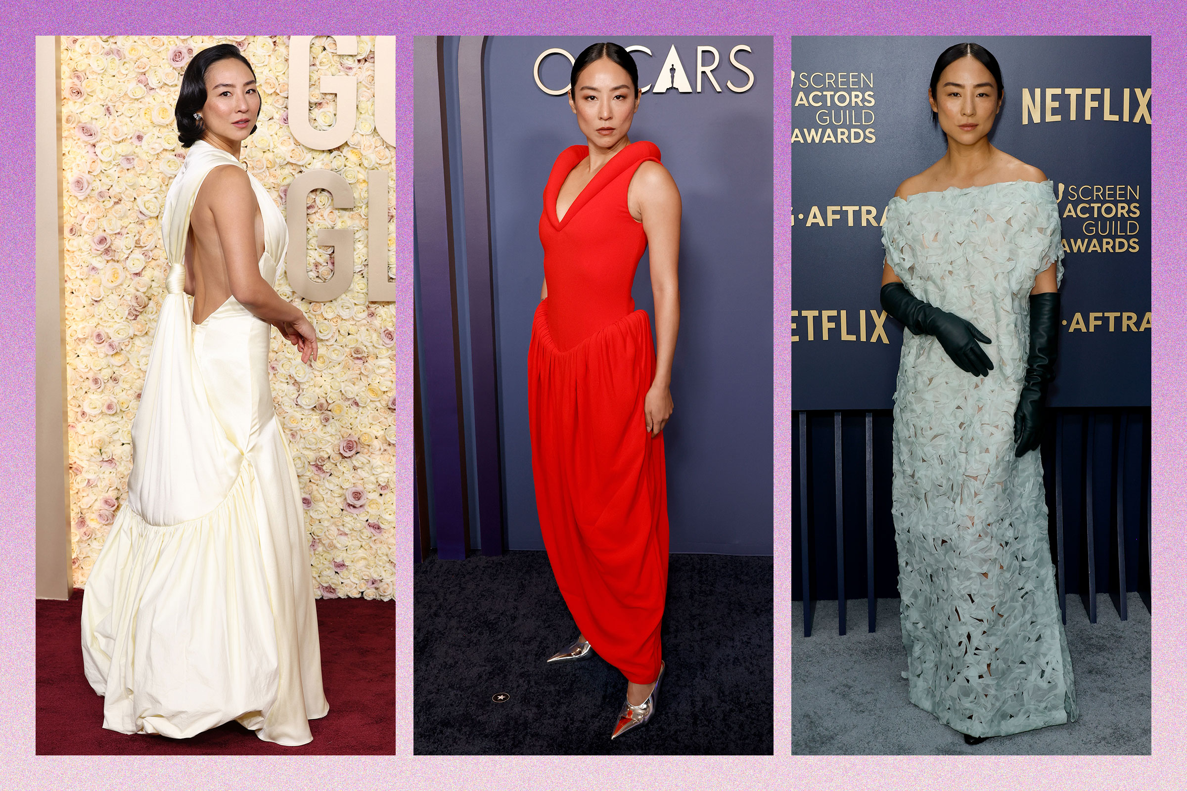 Greta Lee at the Golden Globe Awards, the Governors Awards, and the Screen Actors Guild Awards
