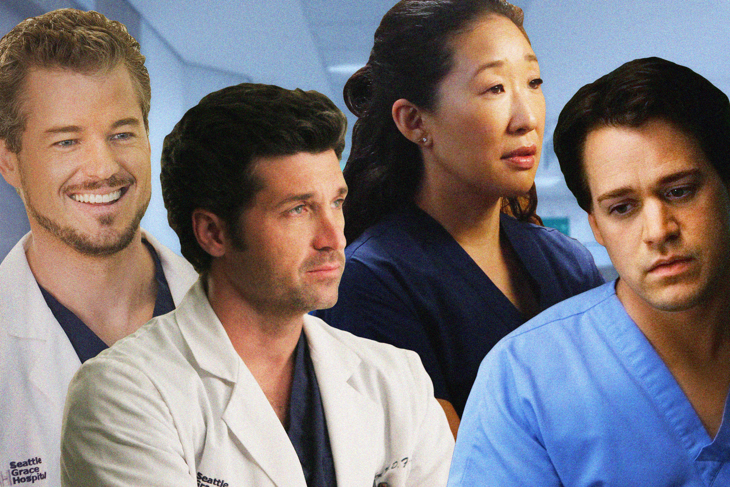 A collage of 4 characters from the show grey's anatomy on a background of inside a hospital
