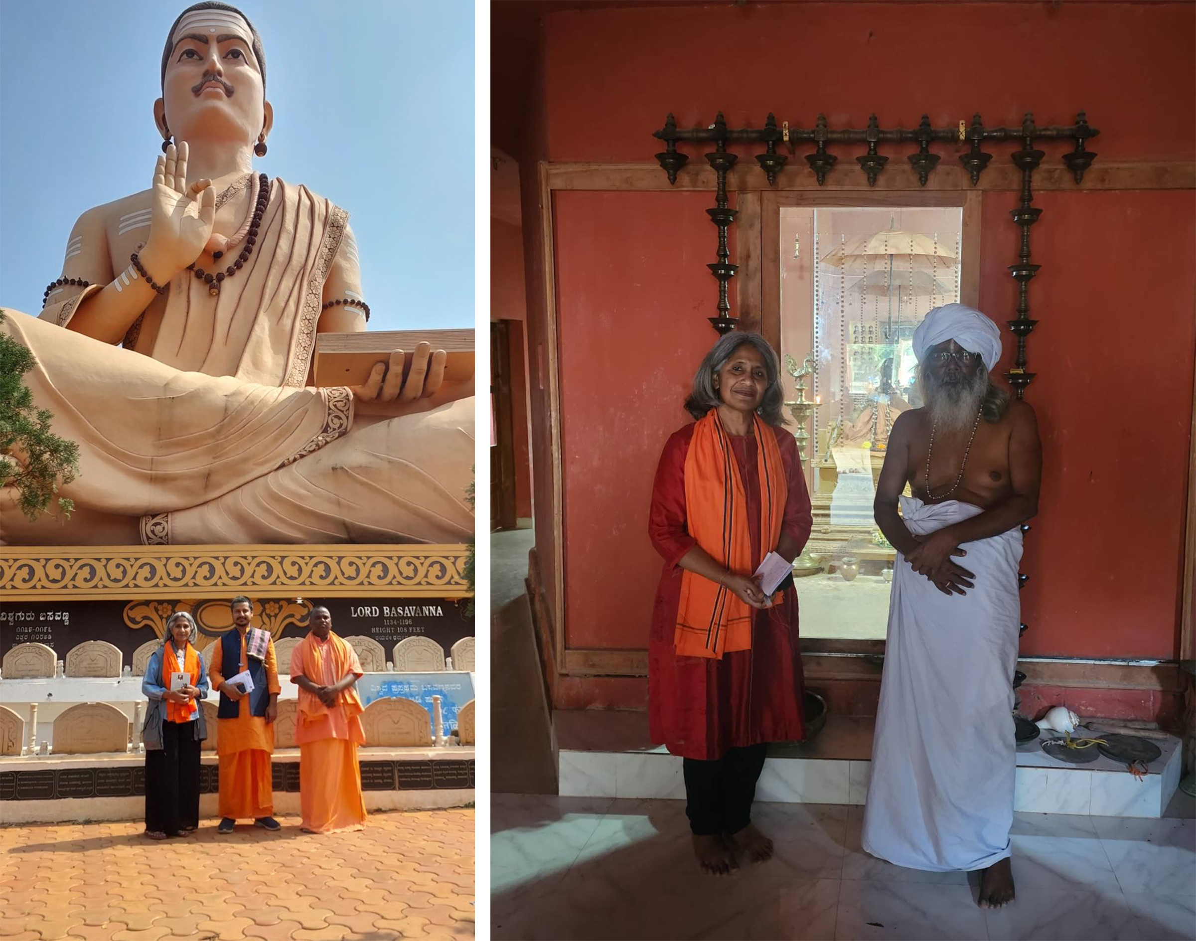Left: The author, Swami Raghvendra, and Swami Korneshwar underneath a huge statue of Basavanna, in Basavakalyan, Karnataka, on Feb. 5; Right: The author with Bala Prajapati at a temple at Ayya Vazhi ashram, Kanyakumari, Tamil Nadu, on Feb. 10. At the temple, they have a mirror instead of a deity, "because the divine resides within each of us," says Bala Prajapati.