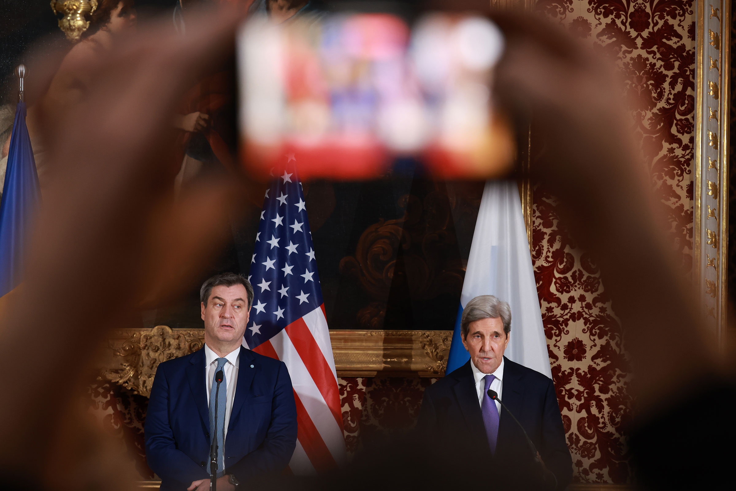 Bavaria's state governor Markus Söder and John Kerry attend a dinner reception at the Munich royal residence during the 2024 Munich Security Conference on Feb. 17, 2024.
