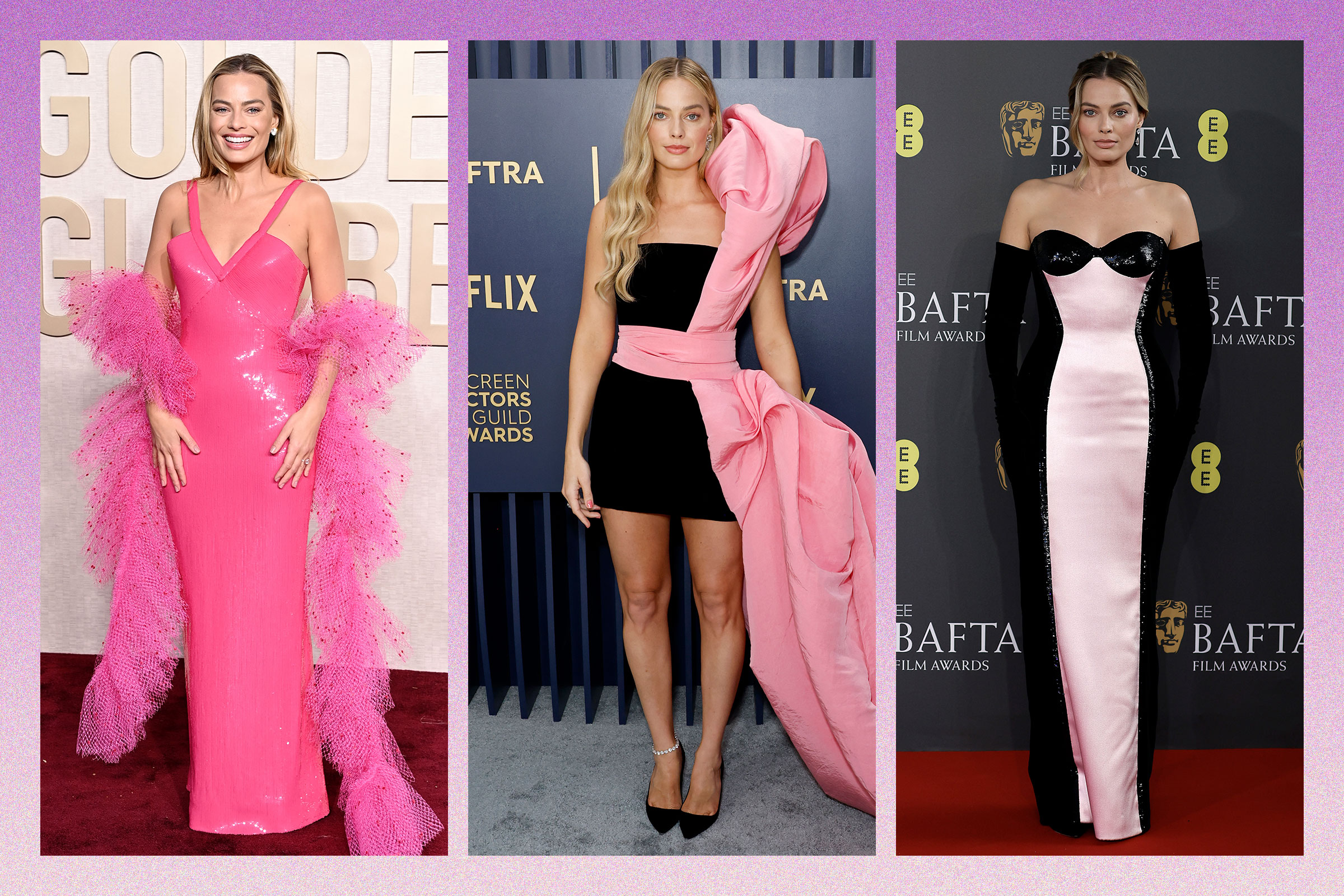 Margot Robbie at the Golden Globe Awards, the Screen Actors Guild Awards, and the BAFTA Film Awards