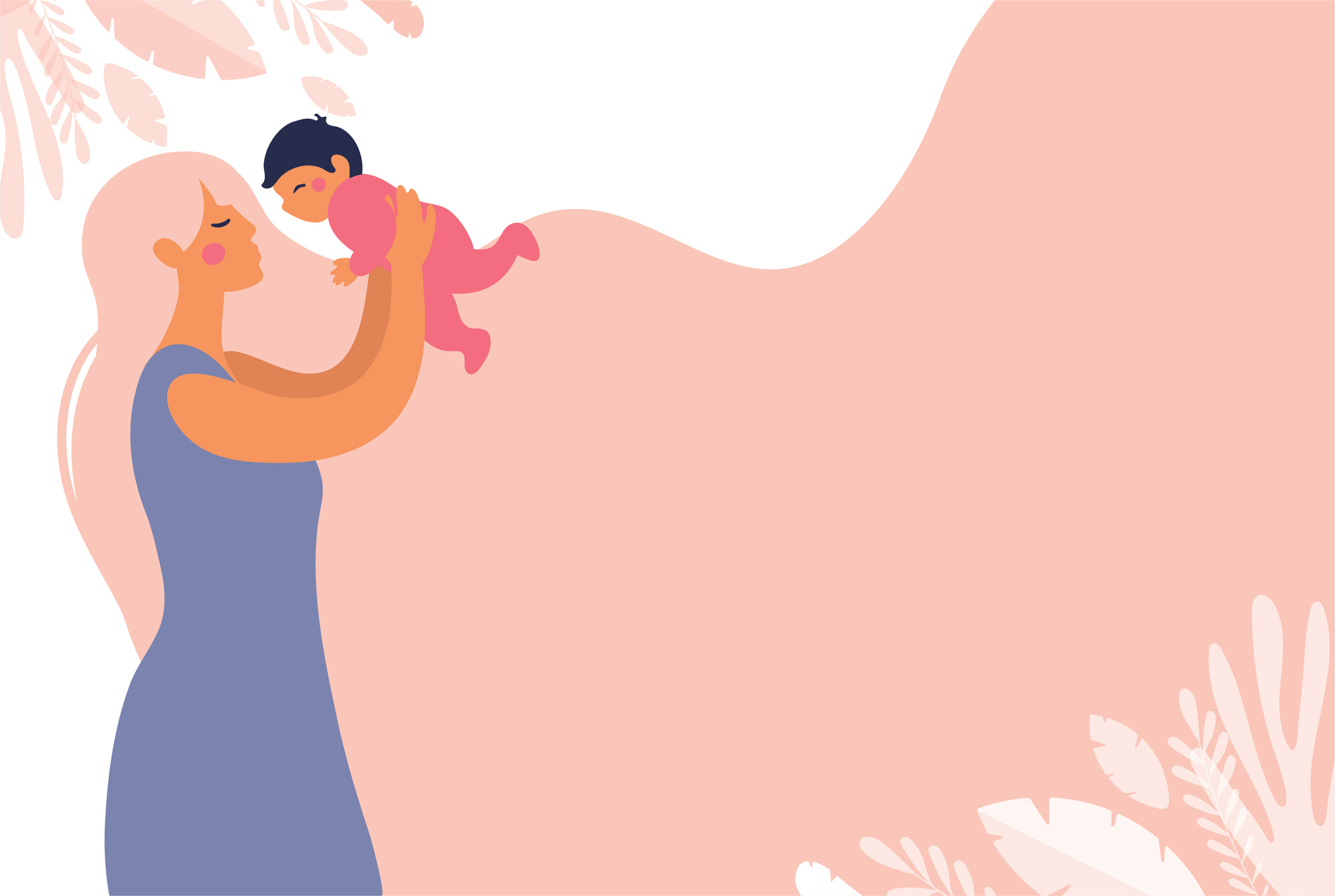 A beautiful young mother throws the baby into her arms. Banner about childhood and motherhood with copy space. Flat vector concept illustration with a pink background.