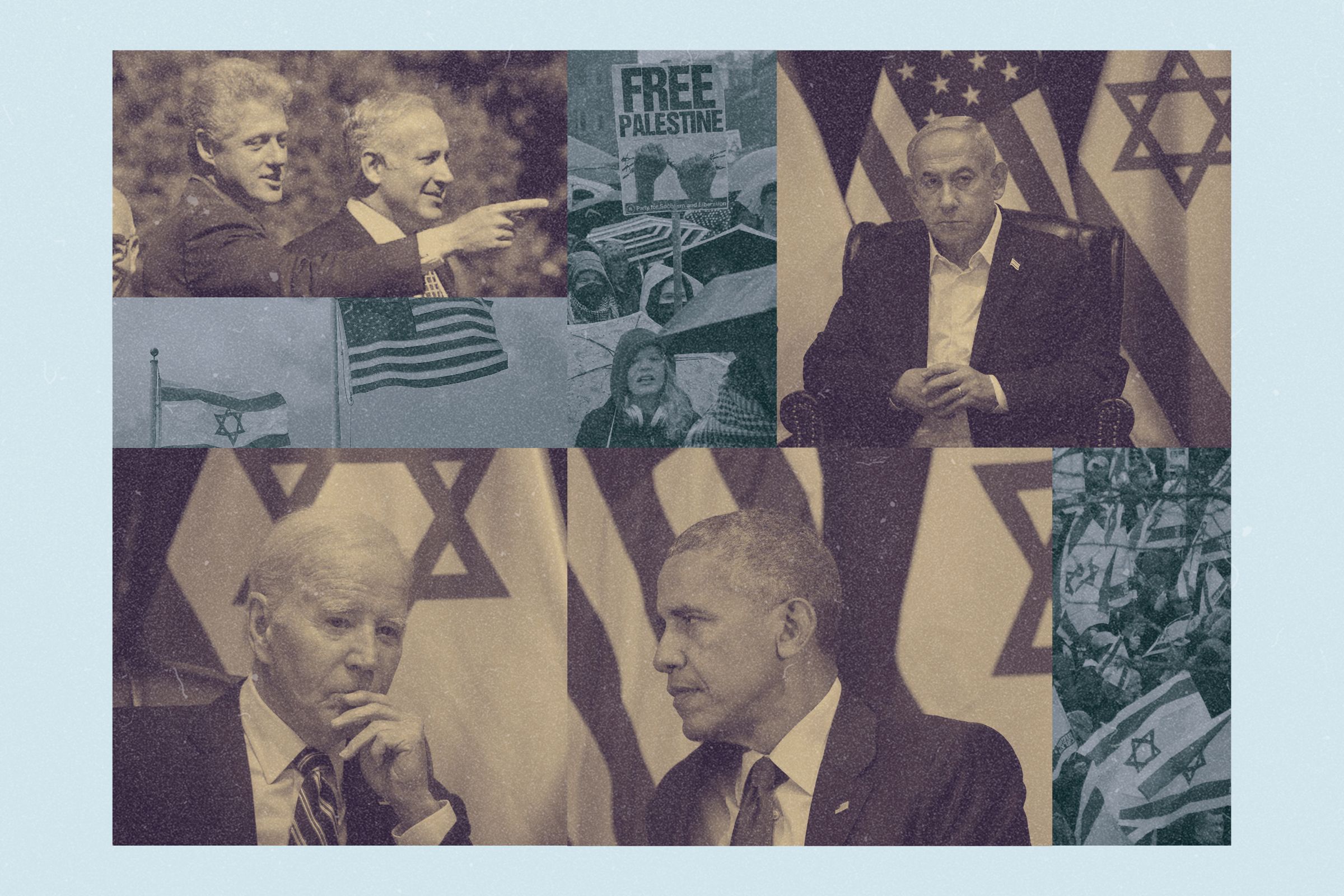 collage including photographs of Bill Clinton, Benjamin Netanyahu, Joe Biden, Barack Obama, and Israel/Palestine related protests