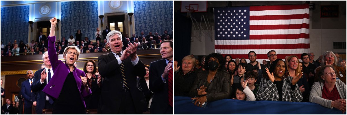 From left: Senators applaud Biden’s State of the Union speech; Biden supporters at a March 8 rally in Philadelphia