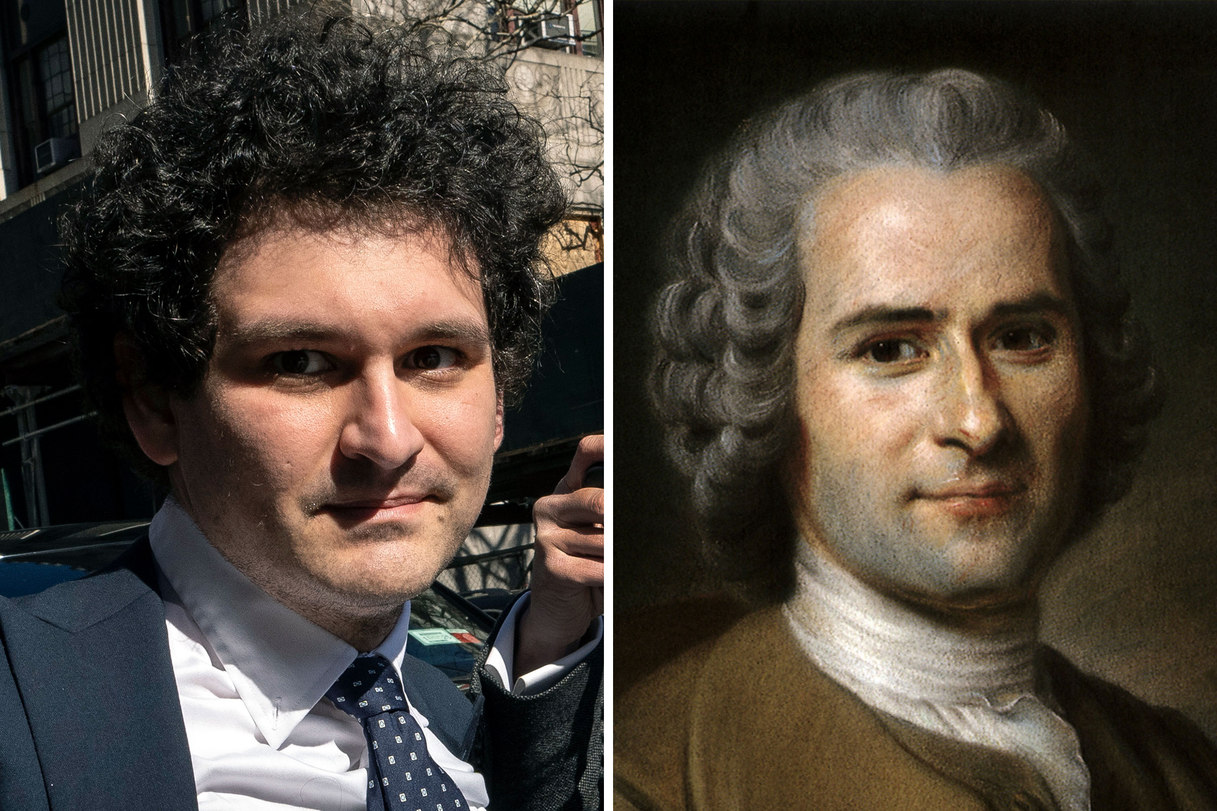 A side by side image of Sam Bankman-Fried and Jean-Jacques Rousseau