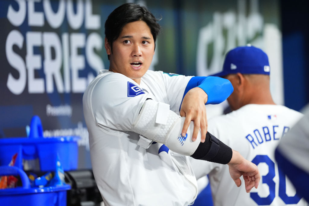 Shohei Ohtani (#17) of the Los Angeles Dodgers is seen during the exhibition game between Team Korea and Los Angeles Dodgers at Gocheok Sky Dome on March 18, 2024 in Seoul, South Korea.