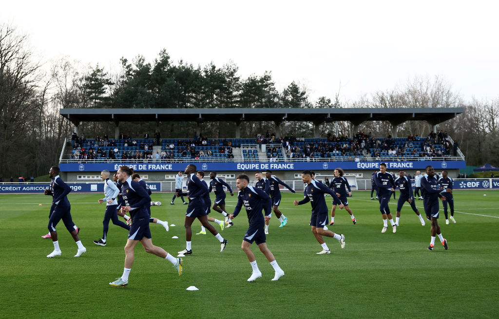 France's players attends a training session as part of the team's preparation for upcoming friendly football matches, in Clairefontaine-en-Yvelines on March 19, 2024. 