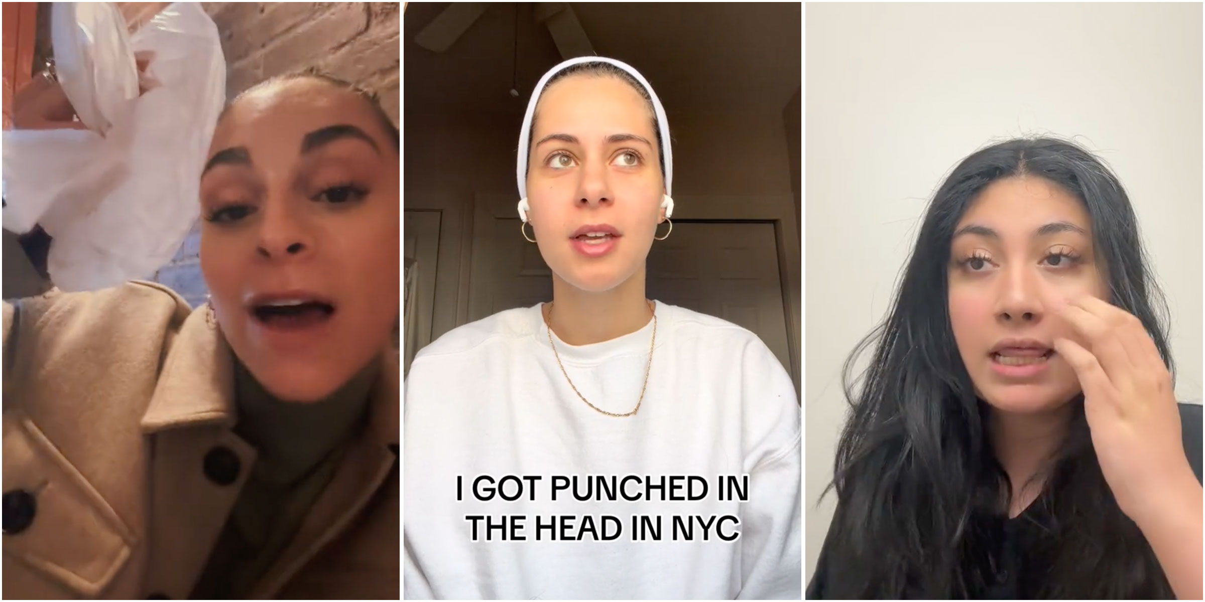 screenshots from three tiktoks showing women speaking about being punched in New York
