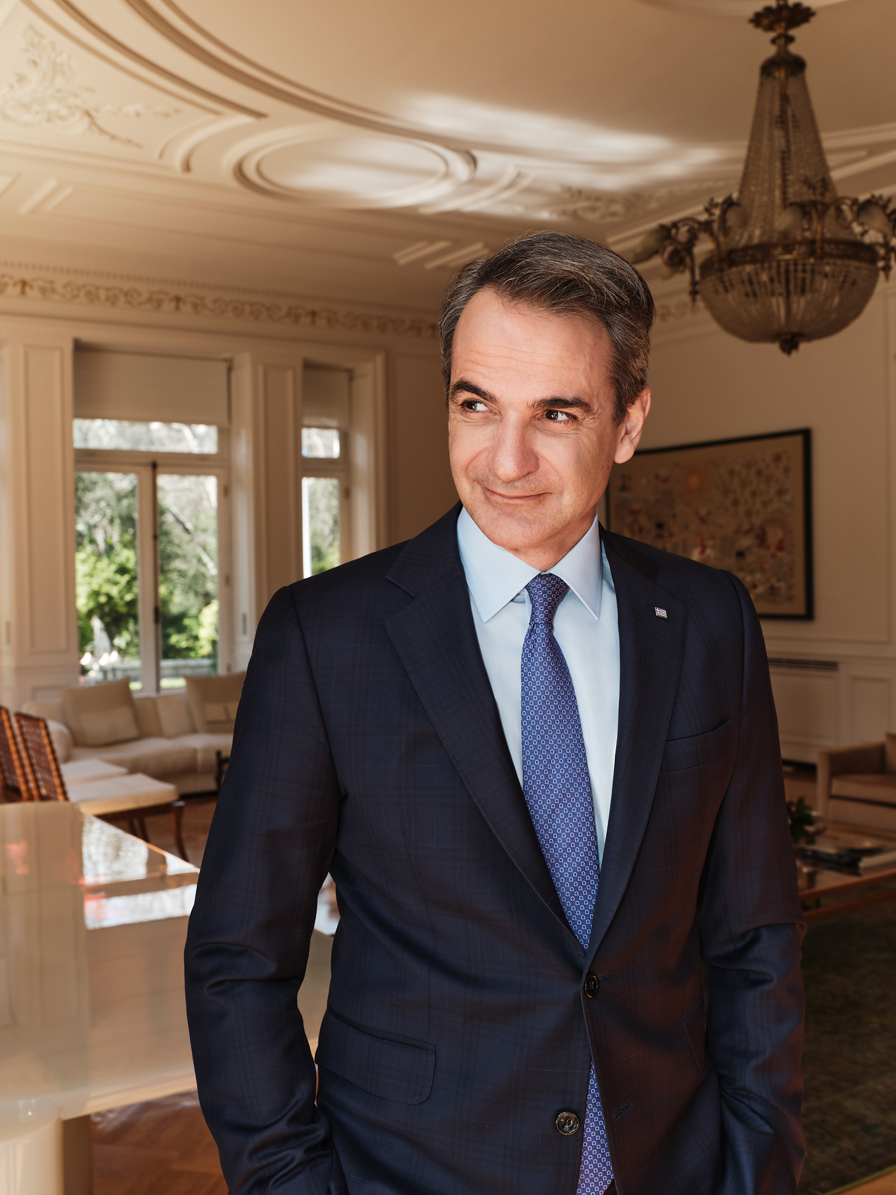 Kyriakos Mitsotakis poses for a portrait inside the reception room at the Maximos Mansion in Athens on March 12.