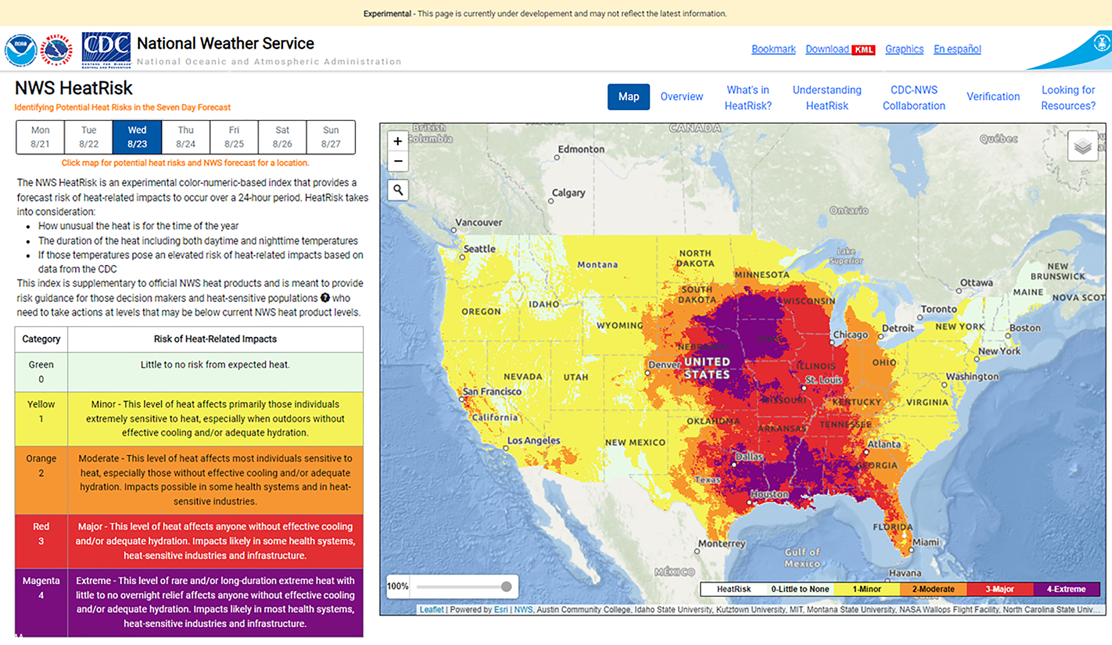 The National Weather Service's experimental HeatRisk tool website for the contiguous United States combines NWS forecasts with CDC heat data to identify potentially dangerous heat.