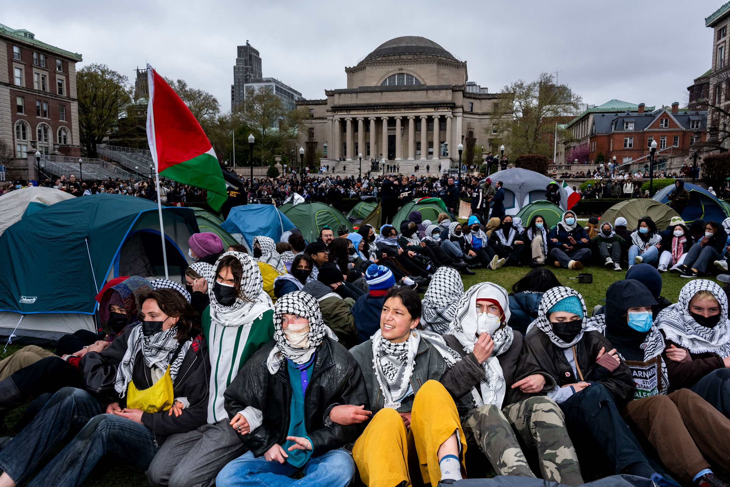 Students occupy the grounds of Columbia University in support of Palestinian rights, on April 18, 2024.