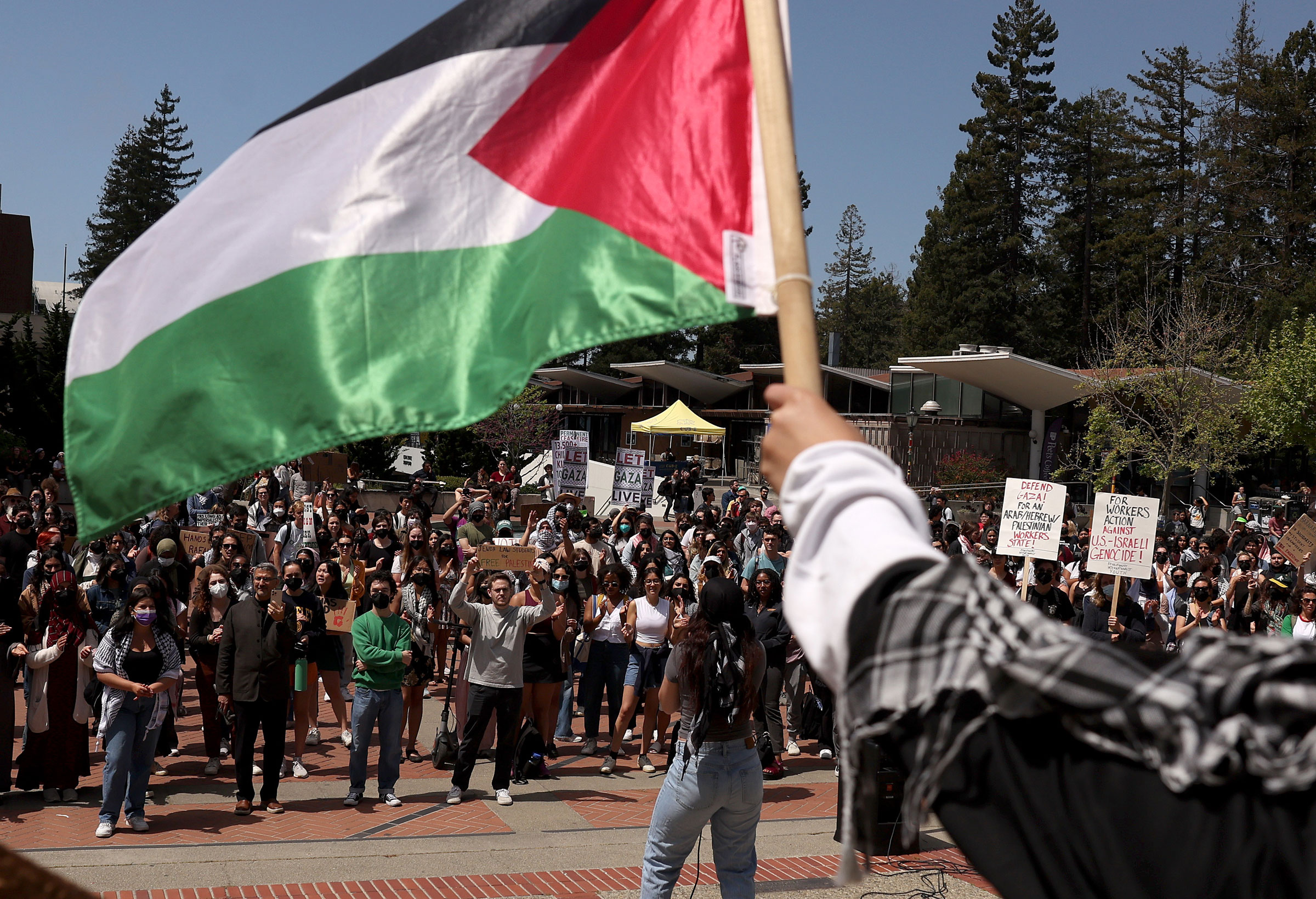 Pro-Palestinian protesters gather in front of Sproul Hall on the UC Berkeley campus on April 22, 2024.