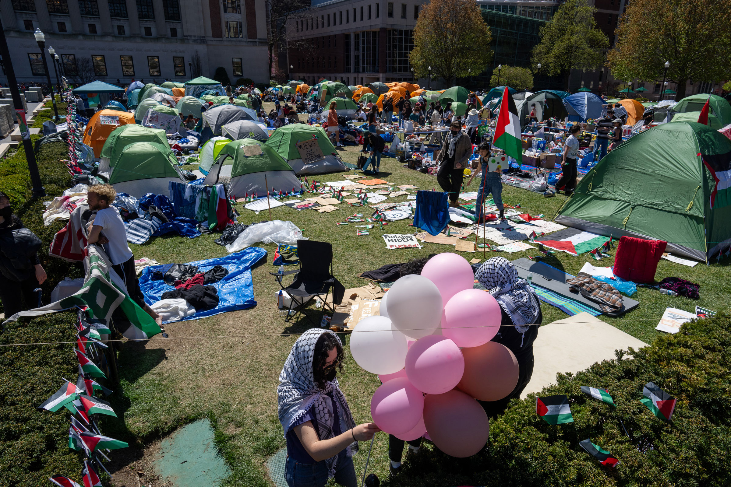 Protestors occupy an encampment in support of Palestine on the grounds of Columbia University on April 22, 2024.