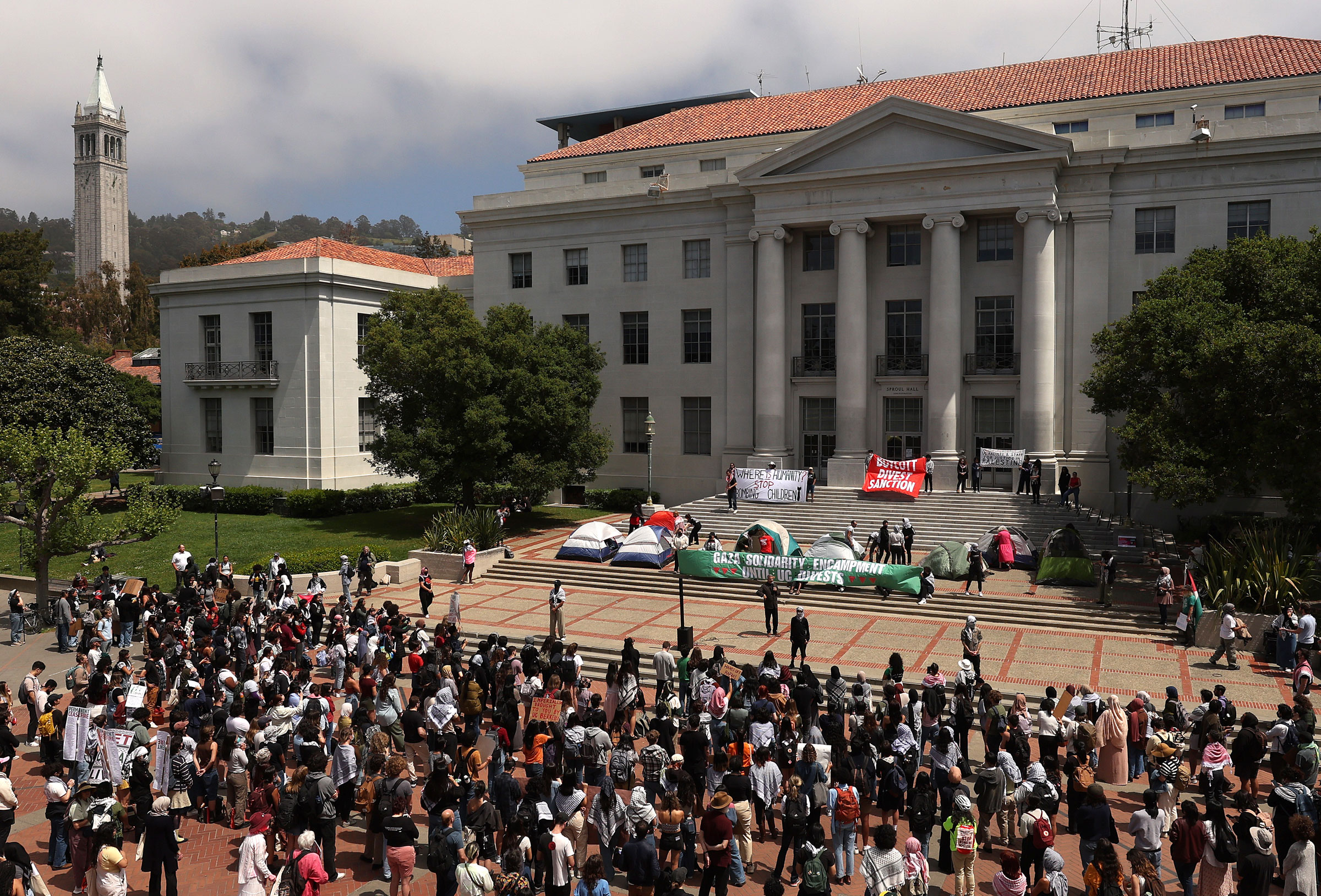 Pro-Palestinian protesters set up a tent encampment in front of Sproul Hall on the UC Berkeley campus on April 22, 2024.