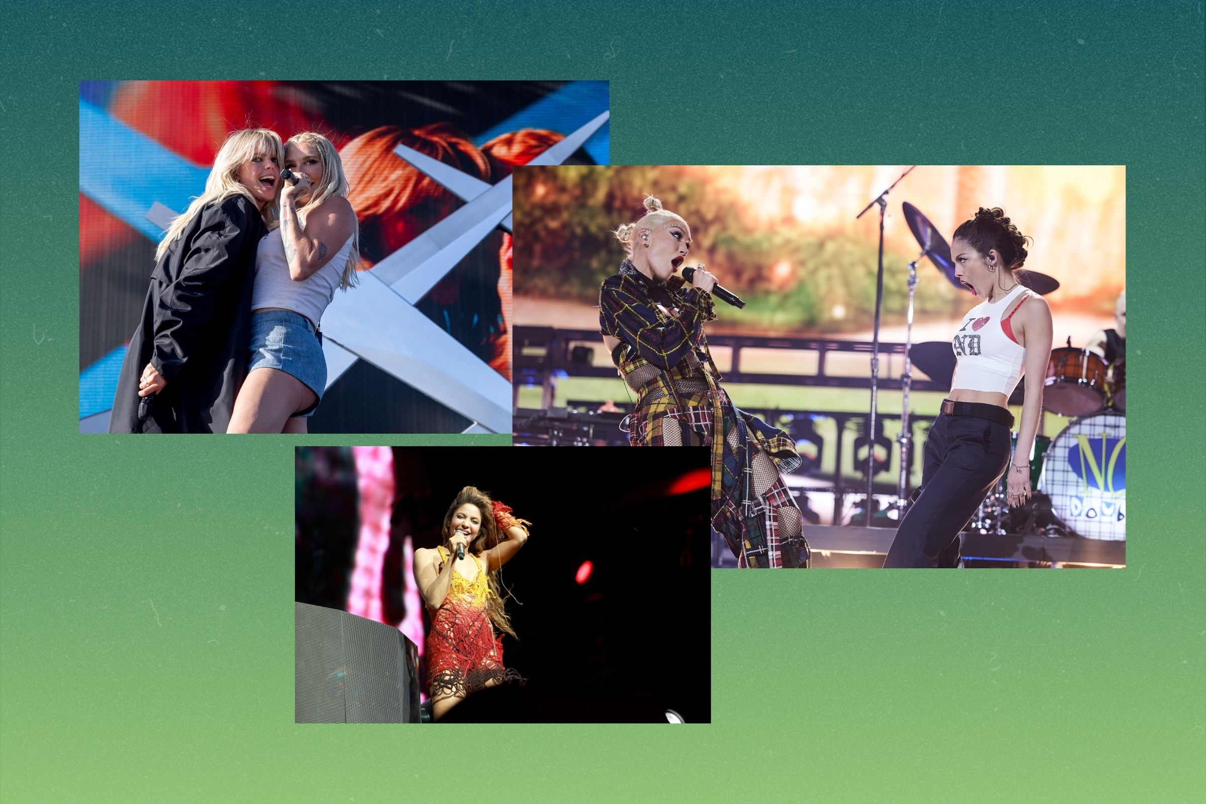 Kesha with Renée Rapp; Olivia Rodrigo with Gwen Stefani; and Shakira, performing at Coachella