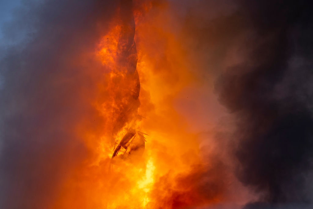 Denmark's Boersen stock exchange stands in flames.