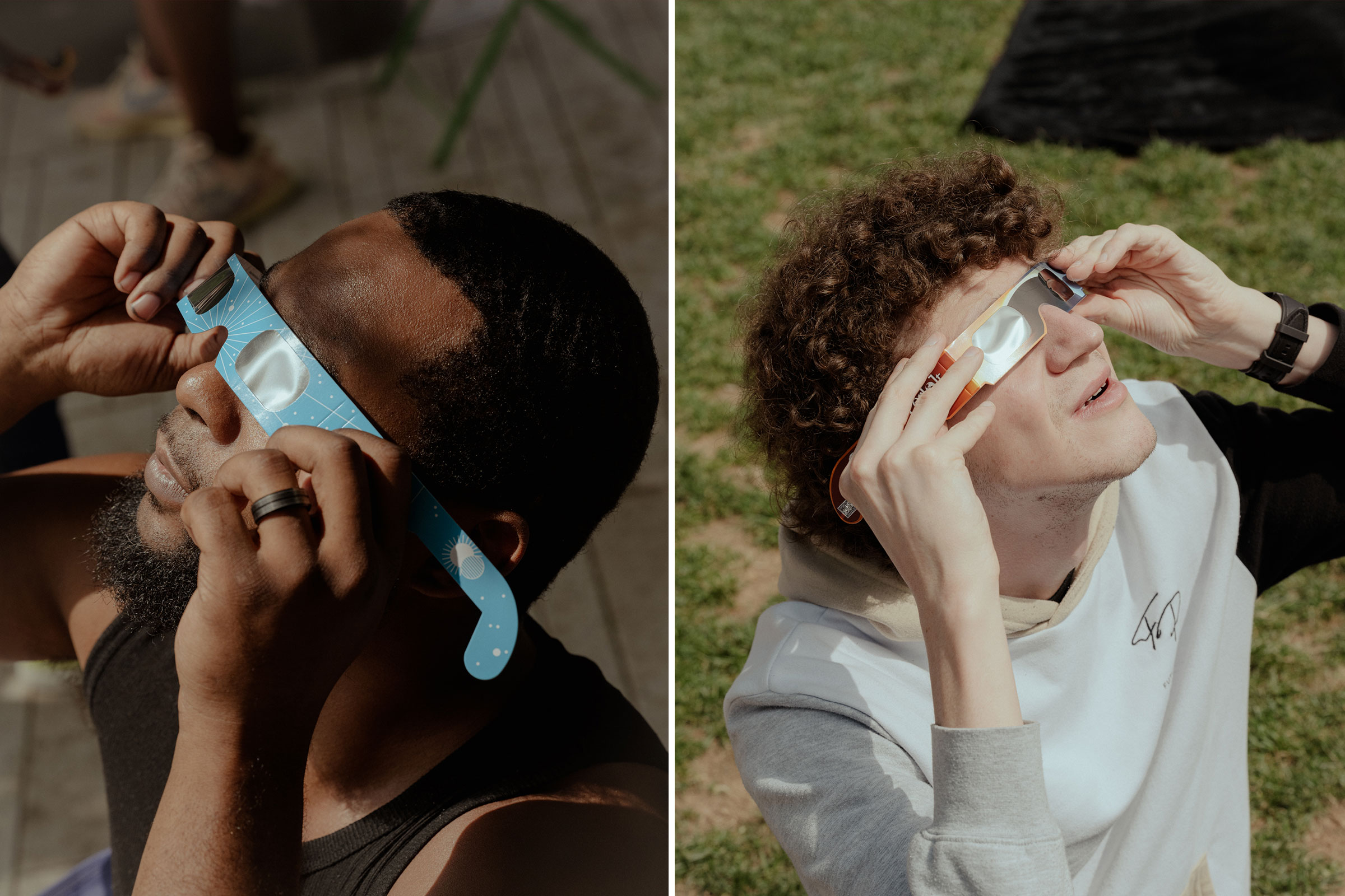 People look at the sky during the eclipse at Main Street Garden Park in Dallas, Texas on April 8, 2024.