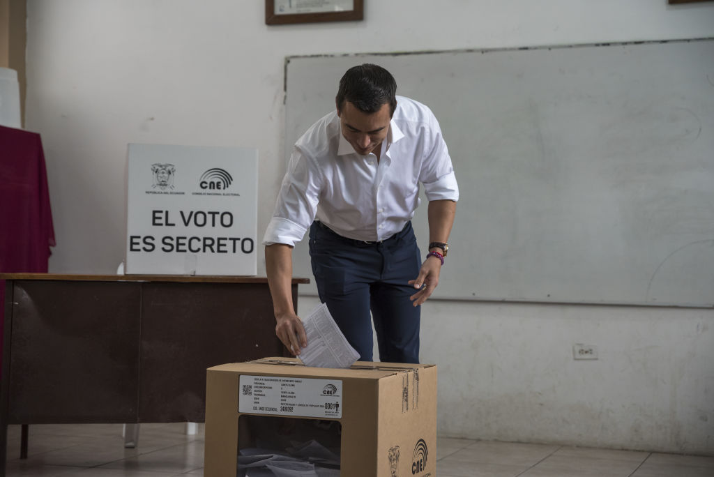 Daniel Noboa, Ecuador's president, casts a ballot at a polling station during a national referendum in Olon, Santa Elena province, Ecuador, on Sunday, April 21, 2024.