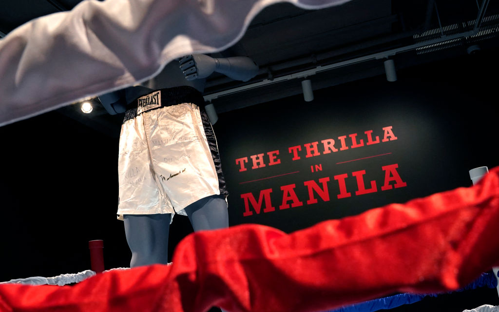 Muhammad Ali's trunks worn during the 1975 legendary match against Joe Frazier, 'The Thrilla in Manila' are on display during 'Sports Week' auctions at Sotheby's in New York City on April 4, 2024.