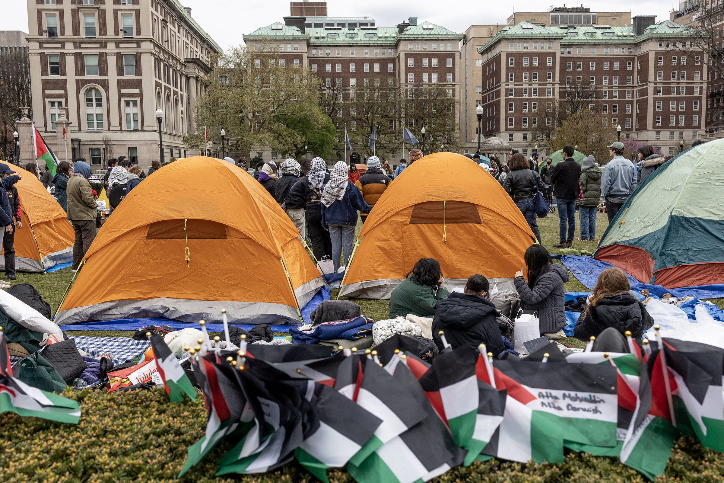 Pro-Palestinian students occupy a central lawn on the Columbia University campus in New York City, on April 21, 2024.