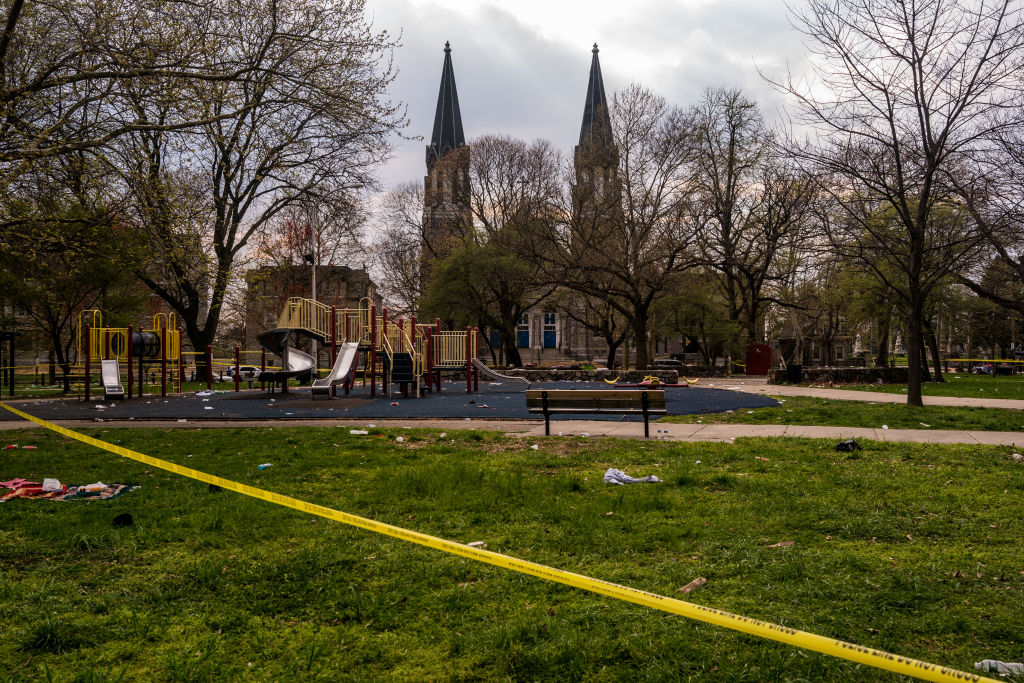 Police cordon off the area surrounding Clara Muhammed Square following a shooting during a Eid al-Fitr celebration in Philadelphia, Pennsylvania, U.S. on April 10, 2024.