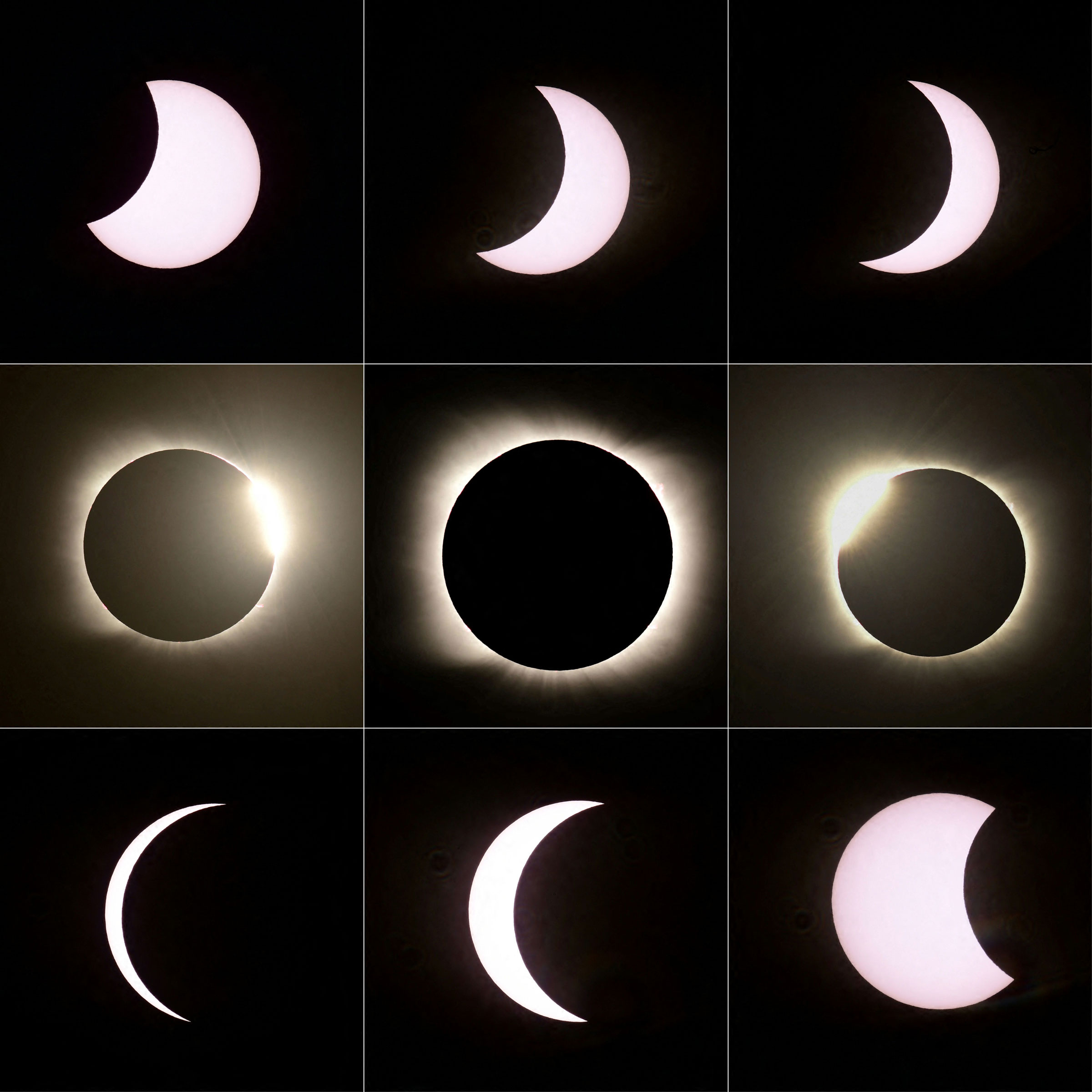 a combination of pictures created on December 14, 2020 showing the different stages of the total solar eclipse