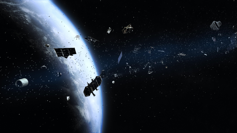 An artist's illustration of low-Earth orbit space junk surrounding the planet