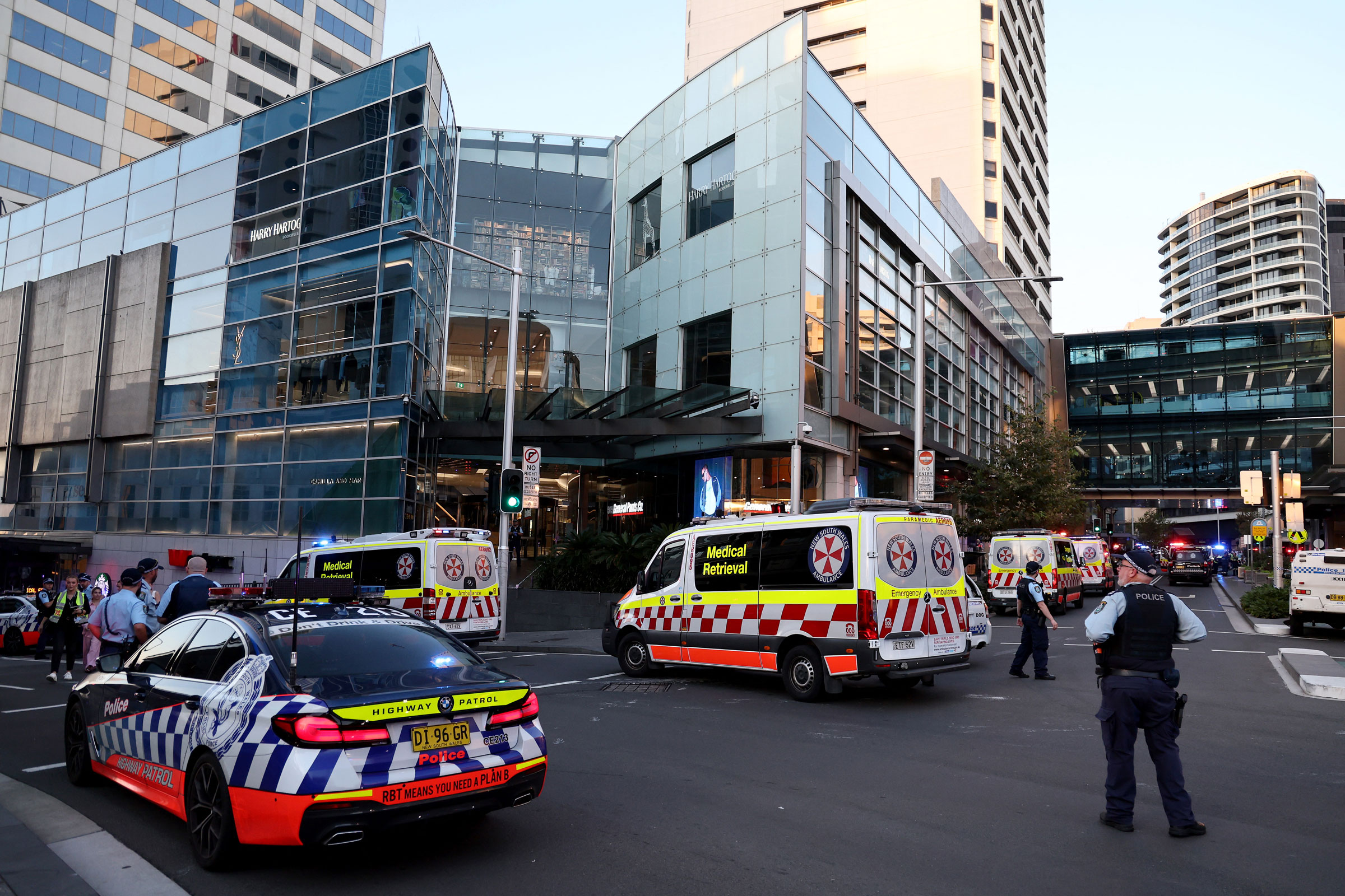 Police cordon off the Westfield Bondi Junction shopping mall after a stabbing incident in Sydney on April 13, 2024.