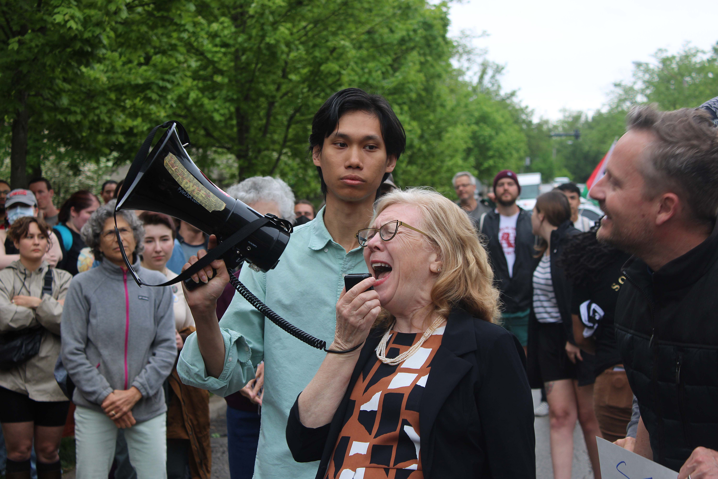 Indiana professor Barbara Dennis yells into a megaphone at the Rally for Resignations on April 29, at Bryan Hall. Dennis was arrested, along with 32 other protesters, at the pro-Palestinian encampment at Dunn Meadow the next day.