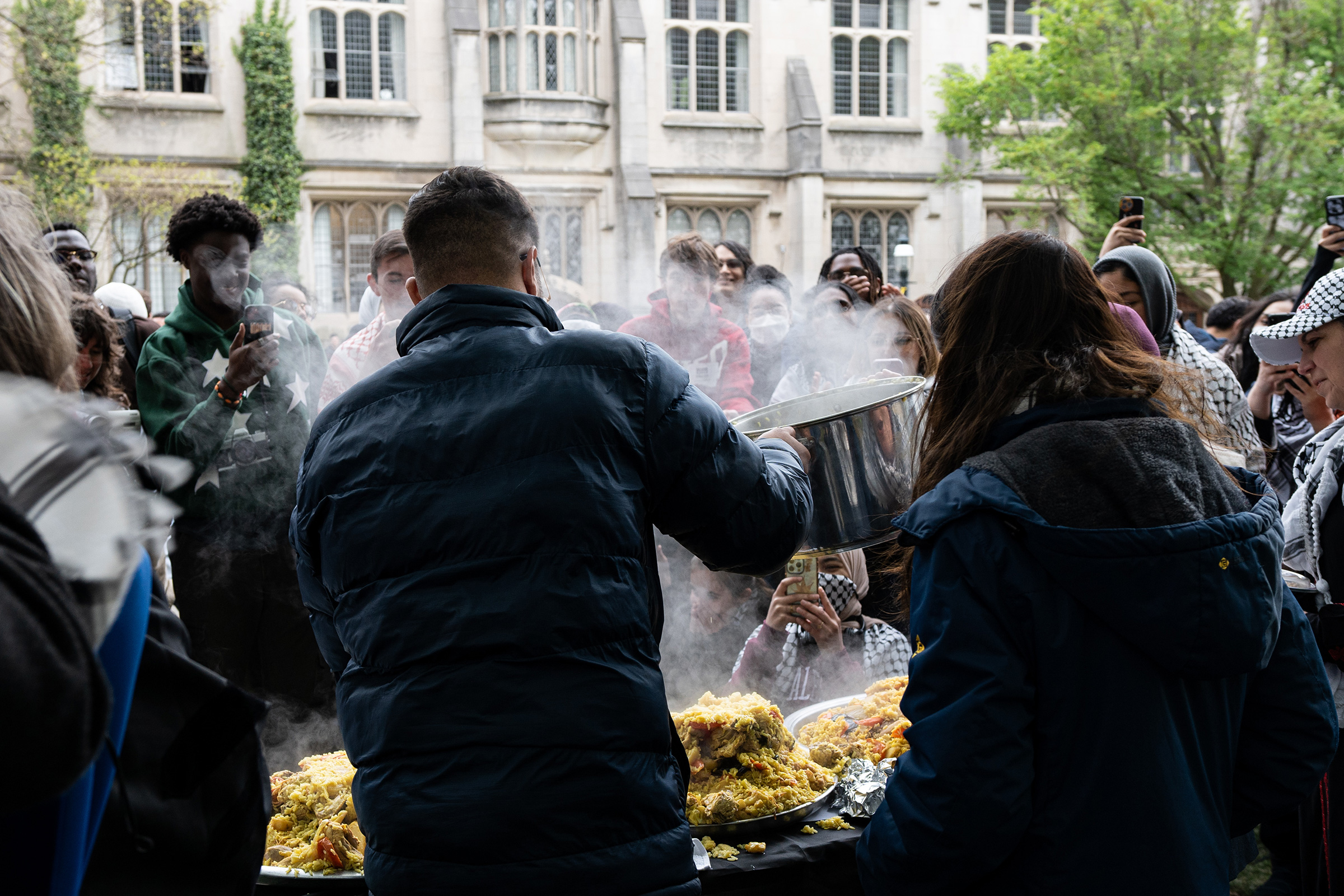 Maqlubah, a traditional Palestinian rice dish that means "something flipped upside down" in Arabic, is served at the Princeton “Gaza Solidarity Encampment” on April 28.