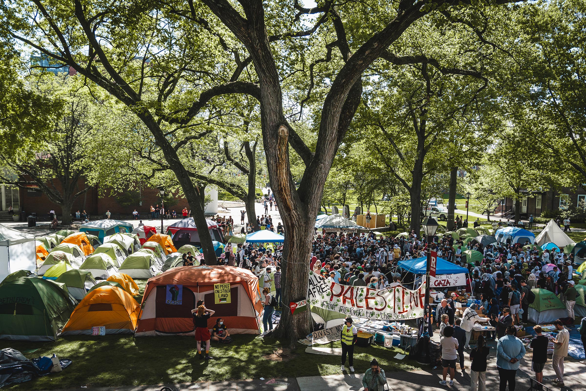 Tents surround protesters as they gather at Rutgers University's College Avenue campus.