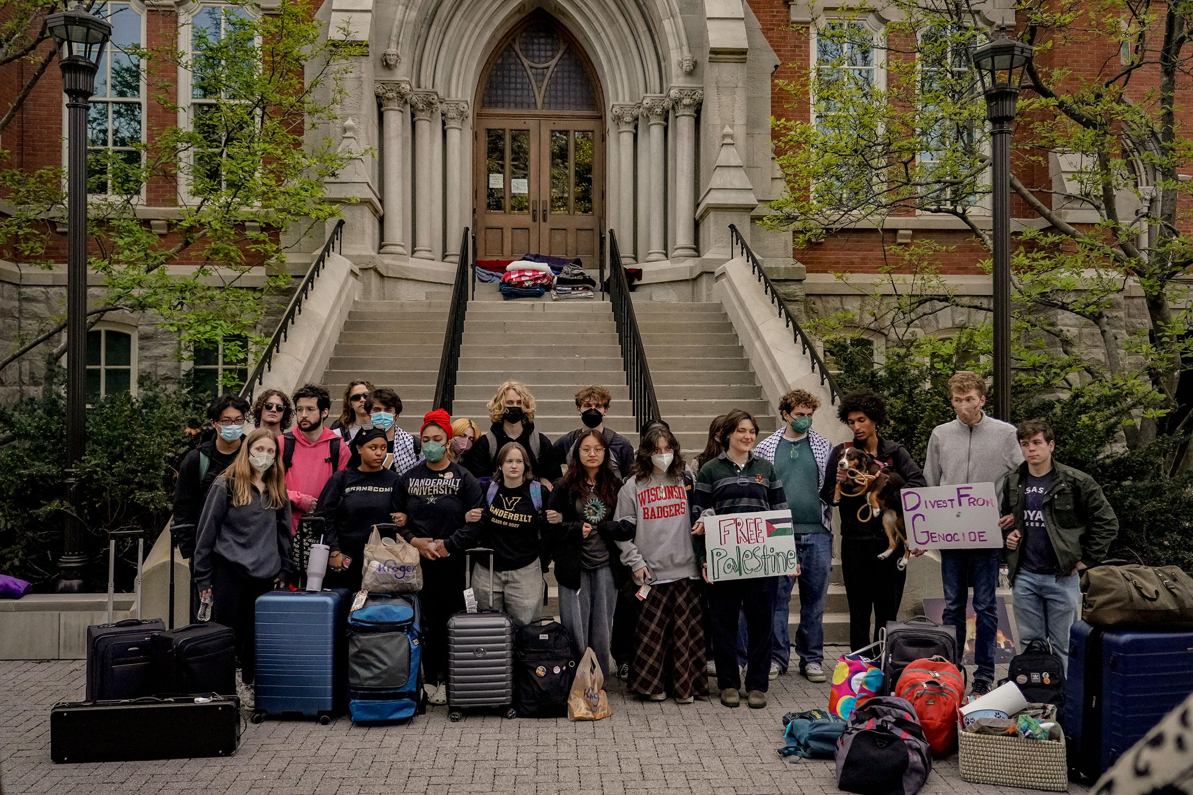 Students suspended for occupying Kirkland Hall gather outside Kirkland Hall on Vanderbilt University campus on March 27.
