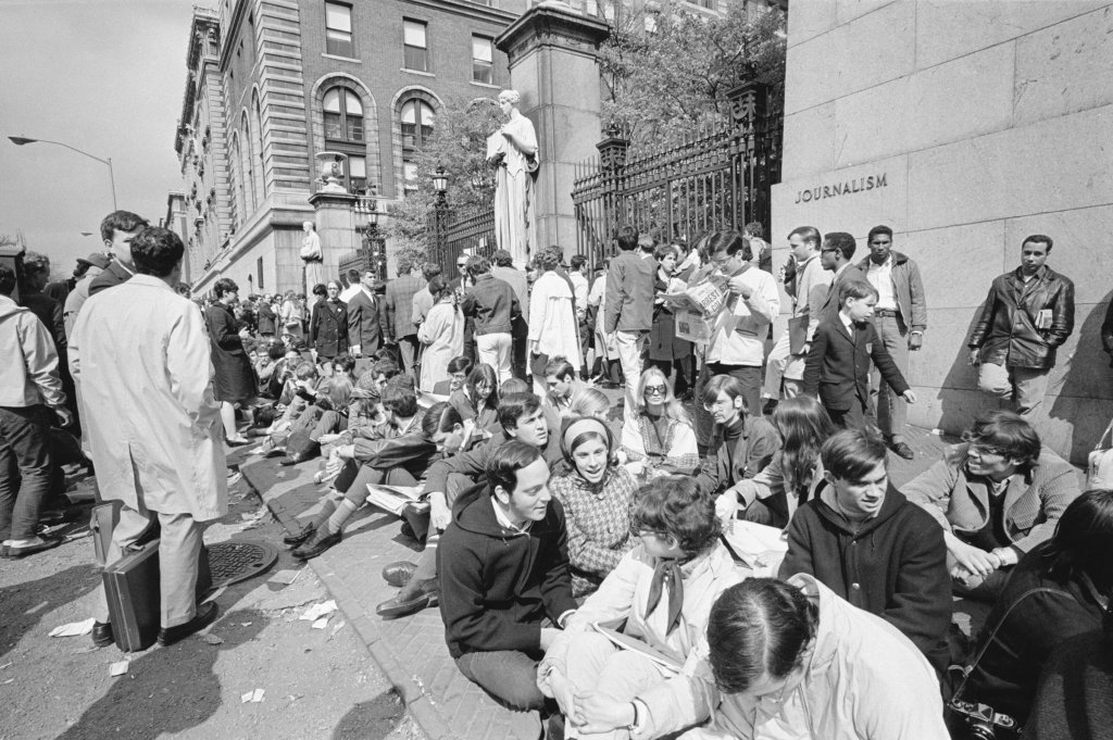 Students and other protestors attempt to form a "human barricade" around Columbia University, April 30, 1968.