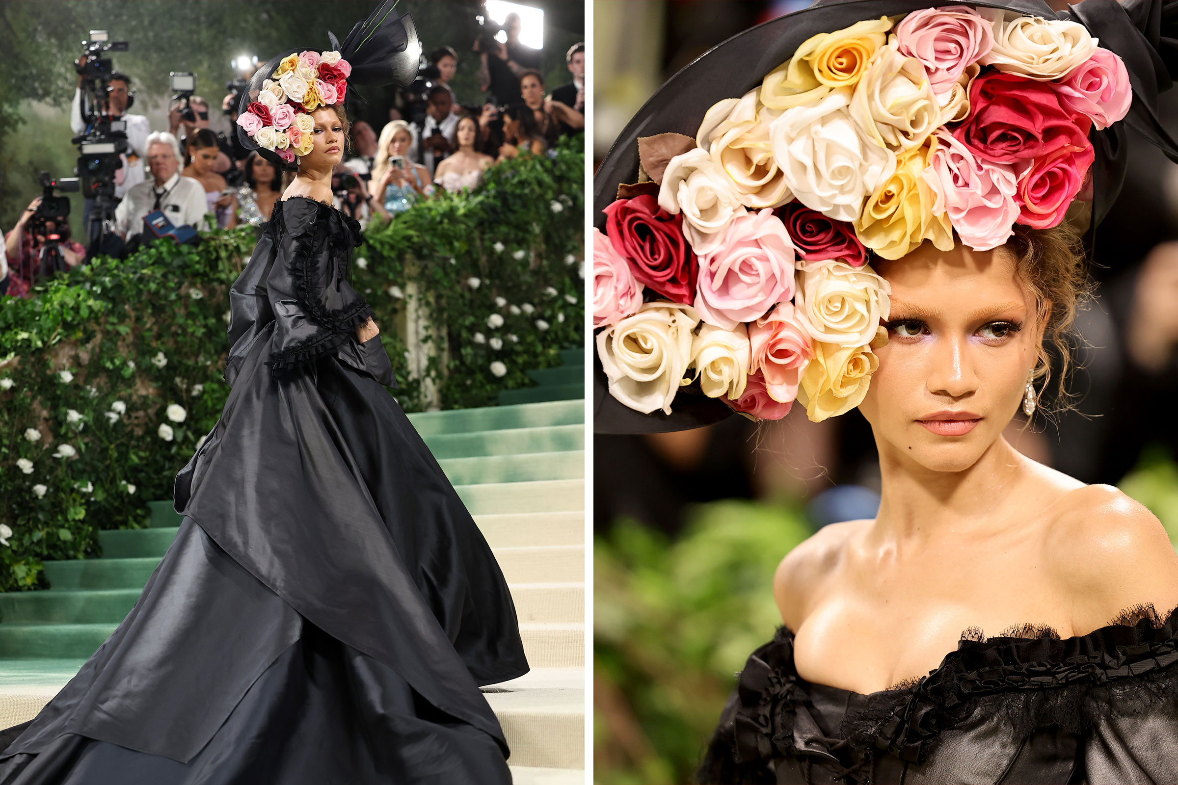 Zendaya attends the met Gala wearing a long black dress and a headpiece made of roses